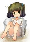  bad_id bad_twitter_id bangs barefoot blunt_bangs eyebrows_visible_through_hair feet flying_sweatdrops full_body glass green_eyes green_hair hair_bobbles hair_ornament japanese_clothes kimono kisume long_sleeves looking_at_viewer minigirl panties pantyshot pantyshot_(sitting) parted_lips short_hair simple_background sitting solo touhou twintails underwear urin white_background white_panties 