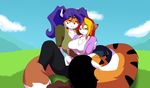  anthro blonde_hair blush breasts brown_fur canine clothed clothing edit eyes_closed feline female fox fur grass hair hi_res las_lindas mammal markings orange_fur outside purple_hair red_hair shirt sky tiger tiggs vixy white_fur 