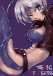  ;) abs absurdres ahoge angel_(kof) belt black_panties blue_eyes bra breasts chaps covered_nipples cropped_jacket grin highres ichigai_(hayawossan) large_breasts one_eye_closed panties short_hair silver_hair smile solo strapless strapless_bra the_king_of_fighters underwear 