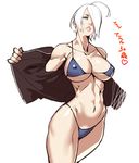  ahoge angel_(kof) bikini blue_eyes breasts cleavage covered_nipples cropped_jacket hair_over_one_eye highleg highleg_bikini highleg_swimsuit hips large_breasts lips micro_bikini navel parted_lips short_hair solo swimsuit the_king_of_fighters tomoyuki_kotani toned underboob undressing white_hair 