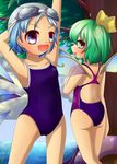  :d :o arms_behind_head arms_up ass blade_of_grass blue_eyes blue_hair bow cirno cloud cloudy_sky competition_school_swimsuit competition_swimsuit daiyousei day fairy fairy_wings goggles goggles_on_head green_eyes green_hair hair_bow highres ice ice_wings kakiikada looking_at_viewer looking_back multiple_girls one-piece_swimsuit open_mouth shore side_ponytail sky smile swim_cap swimsuit touhou tree wings 