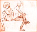  1boy 1girl back-to-back bob_cut expressionless full_body kaibutsu looking_away mi_akashi monochrome red sabitsuki school_uniform short_hair sitting sketch sleeveless sleeveless_turtleneck turtleneck 