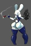  back_turned big_butt breasts butt cigar clothing female gun lagomorph mammal plain_background rabbit ranged_weapon smoke solo weapon xopachi 