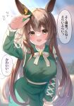 1girl :d absurdres animal_ears arm_up bangs blurry blurry_background blush bow braid breasts brown_eyes brown_hair commentary_request day depth_of_field dress etesumsom eyebrows_visible_through_hair frilled_sleeves frills green_dress grey_hair highres horse_ears long_hair long_sleeves looking_at_viewer medium_breasts multicolored_hair outdoors pov satono_diamond_(umamusume) smile solo translation_request two-tone_hair umamusume very_long_hair white_bow 