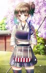  archery architecture bad_id bad_pixiv_id black_legwear blush bow_(weapon) brown_eyes brown_hair building cherry_blossoms east_asian_architecture japanese_clothes kaga_(kantai_collection) kantai_collection kyuudou moriouka muneate open_mouth petals short_hair side_ponytail skirt solo thighhighs tree weapon 
