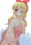  aikatsu! aikatsu!_(series) bikini blonde_hair blush breasts hoshimiya_ichigo k10k long_hair looking_at_viewer one_eye_closed red_eyes side-tie_bikini small_breasts solo swimsuit untied white_bikini 