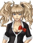  blonde_hair blue_eyes bow breasts cleavage danganronpa danganronpa_1 drawfag enoshima_junko hair_ornament hairclip lips long_hair loose_necktie necktie sleeves_rolled_up solo spoilers twintails upper_body 