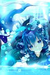  blue_eyes blue_hair bubble head_fins highres ishikkoro japanese_clothes kimono looking_at_viewer mermaid monster_girl obi sash smile solo touhou underwater wakasagihime 