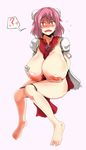  ? areolae bandages blush bottomless breast_hold breasts breasts_outside crying crying_with_eyes_open curvy embarrassed feet flower gigantic_breasts hair_bun highres holding ibaraki_kasen inconvenient_breasts juliet_sleeves large_areolae long_sleeves looking_at_viewer nipples open_mouth pink_hair puffy_nipples puffy_sleeves red_eyes short_hair solo sweatdrop tears thick_thighs thighs touhou yaruku 