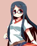  chousoku_henkei_gyrozetter glasses hair_ornament hairclip highres long_hair miwa_satori nanateru simple_background smile solo very_long_hair 