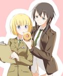  bad_id bad_pixiv_id black_eyes black_hair blonde_hair clipboard dominica_s_gentile doughnut food holding jane_t_godfrey kisetsu military military_uniform multiple_girls necktie no_pants open_mouth panties short_hair sidelocks sketch underwear uniform white_panties world_witches_series 