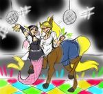  animal_ears blonde_hair blush bottomless breasts centaur centorea_shianus choker cleavage closed_eyes dancing disco_ball glowstick gothic_lolita head_fins headdress hooves horse_ears lolita_fashion long_hair mermaid meroune_lorelei monster_girl monster_musume_no_iru_nichijou multiple_girls nat-nat pink_hair ponytail scales shorts smile tail webbed_hands 