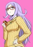  :t aila_jyrkiainen bespectacled blush breasts dorayaki eating food glasses gundam gundam_build_fighters hand_on_hip jewelry long_hair looking_down medium_breasts necklace pink_background purple_eyes red-framed_eyewear ribbed_sweater sakaki_imasato silver_hair simple_background solo sweater wagashi 