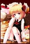  ascot black_dress blonde_hair cake chocolate cocozasa commentary_request dress food frame hair_ribbon long_sleeves pancake red_eyes ribbon rumia sitting smile solo touhou 