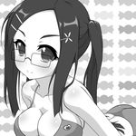  blush breasts candy_pop_nightmare cleavage greyscale himekawa_makina k10k medium_breasts monochrome smile solo 