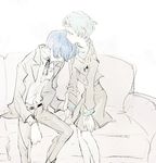  1girl aqua_hair arm_grab blue_hair couch leaning_on_person persona persona_3 school_uniform short_hair sitting sutei_(giru) yamagishi_fuuka yuuki_makoto 