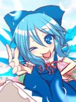  ;p blue_eyes blue_hair bow cirno hair_bow ice ice_wings kuresento one_eye_closed solo tongue tongue_out touhou wings 
