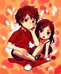  1boy 1girl brother_and_sister head_rest indian_style picopuri red_eyes red_shirt shirt shorts siblings sister_(.flow) sitting smile_(.flow) tank_top younger 