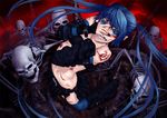  blood blue_eyes blue_hair boots gloves hagane_miku long_hair navel red_eyes robo8 skirt skull thighhighs twintails vocaloid 