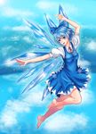  absurdres arm_above_head barefoot blue_eyes blue_hair bow cirno cloud flying hair_bow highres ice ice_wings open_mouth outstretched_arm short_hair short_sleeves sky smile snowflakes solo sparkle touhou wings ytoy 
