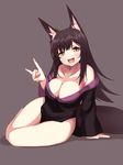  animal_ears areola_slip areolae black_hair blush breasts cleavage fox_ears fox_shadow_puppet fox_tail highres japanese_clothes kimono large_breasts long_hair off_shoulder original ponkotsu_(ayarosu) slit_pupils smile solo tail yellow_eyes 
