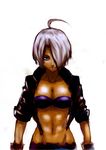  abs angel_(kof) bad_id bad_pixiv_id breasts cleavage cropped_jacket dark_skin hair_over_one_eye highres large_breasts lowleg short_hair silver_hair sleeves_rolled_up sly3 the_king_of_fighters 