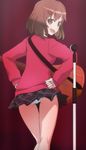  back brown_eyes brown_hair guitar hair_ornament hairclip hands_on_hips haruyama_kazunori instrument looking_at_viewer looking_back open_mouth panties pantyshot pantyshot_(standing) short_hair skirt solo standing suzuki_yua tesagure!_bukatsu-mono underwear white_panties 