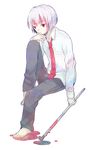  1boy bad_id bad_pixiv_id barefoot blood expressionless full_body kaibutsu lead_pipe lito_(24281122) male_focus necktie red_eyes school_uniform sitting solo white_hair 