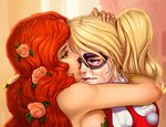  batman_(series) biting blonde_hair blue_eyes comforting crying dc_comics domino_mask flower green_eyes harley_quinn hug lip_biting long_hair mask multiple_girls orange_hair poison_ivy rose sane-person short_hair tears 