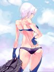  ahoge angel_(kof) ass back bandeau bare_shoulders black_panties blue_eyes breasts butt_crack chaps contrapposto fingerless_gloves gloves hand_on_hip highres jacket jacket_removed large_breasts looking_back luxima panties short_hair solo standing strapless the_king_of_fighters underwear white_hair 