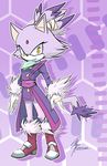  2014 anthro bandage bindi blaze_the_cat boots cat chingilin coat feline looking_at_viewer mammal pose purple_theme scarf sega signature simple_background solo sonic_(series) standing 