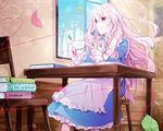  apron book cup dress hoshiyui_tsukino jewelry kagerou_project key kozakura_marry leaf long_hair necklace petals pink_eyes red_string silver_hair sitting smile solo string teacup white_hair window 