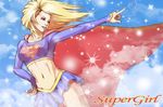  blonde_hair blue_eyes breasts cape character_name cloud collarbone cowboy_shot crop_top day dc_comics eyelashes floating_hair flying grin hand_on_hip heart highres long_hair long_sleeves looking_afar medium_breasts midriff miniskirt naname_neko navel outdoors outstretched_arm parted_lips pleated_skirt pointing red_cape ribs shiny shiny_clothes shirt skin_tight skirt sky smile solo sparkle supergirl superhero toned 