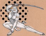  breasts crouching female hooves horn katana looking_at_viewer minotaur missoro nude solo sword weapon 