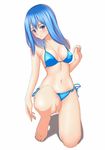  barefoot bikini blue_bikini blue_eyes blue_hair blush breasts cleavage full_body gradient_hair long_hair looking_at_viewer medium_breasts muffin_(sirumeria) multicolored_hair navel one_knee open_mouth original shiny shiny_skin side-tie_bikini simple_background smile solo swimsuit white_background 