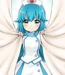  blue_eyes blue_hair blush curtains dress happinesscharge_precure! hat long_hair masato_ayame nervous nurse nurse_cap precure shirayuki_hime sidelocks solo wavy_mouth 