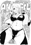  abs ahoge angel_(kof) bikini_top breasts chaps character_name fanning_face fukuitakumi greyscale hair_over_one_eye hot large_breasts monochrome navel panties short_hair solo sweat the_king_of_fighters underwear 