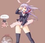  animal_ears black_hair bunny_ears bunny_tail covering covering_crotch crescent dress electric_fan fanning_crotch fleeing inaba_tewi jacket long_hair long_sleeves miyo_(ranthath) multiple_girls necktie no_panties object_on_head one_eye_closed open_mouth panties panties_on_head pink_dress purple_hair red_eyes red_neckwear reisen_udongein_inaba shirt skirt skirt_lift striped striped_panties tail touhou translation_request underwear very_long_hair 