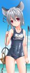  absurdres animal_ears ass_visible_through_thighs bare_shoulders basket breasts byeontae_jagga cloud covered_navel day dowsing_rod highres horizon medium_breasts mouse_ears mouse_tail name_tag nazrin ocean one-piece_swimsuit red_eyes school_swimsuit short_hair silver_hair sky solo swimsuit tail touhou wet 