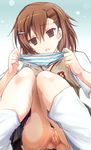  1girl brown_hair empty_eyes female hair_ornament hairclip holding holding_panties kimura_chiruno kimura_shuuichi misaka_imouto misaka_imouto_10032 open_mouth panties panties_removed photoshop presenting_panties pussy short_hair skirt solo striped striped_legwear striped_panties to_aru_kagaku_no_railgun to_aru_majutsu_no_index uncensored underwear vest 