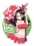  bandeau blush breasts candy_pop_nightmare dated glasses hat himekawa_makina hys-d large_breasts long_hair looking_at_viewer midriff multiple_girls navel santa_hat smile sword weapon 