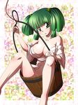  alternate_breast_size bare_legs bare_shoulders barefoot breasts bucket chamupei cleavage collarbone green_eyes green_hair hair_bobbles hair_ornament highres in_bucket in_container japanese_clothes kimono kisume large_breasts looking_at_viewer off_shoulder older open_clothes open_kimono sitting solo touhou twintails undersized_clothes wooden_bucket yukata 