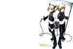  blonde_hair blue_eyes bondage chain collar headphones horns magane_len magane_rin momopanda navel scythe short_hair shorts weapon white 