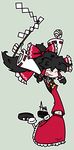  ^_^ absurdres arms_up ascot black_hair bow closed_eyes detached_sleeves floating_hair gohei grey_background grim-evilnov hair_bow hair_tubes hakurei_reimu happy highres jumping long_hair midriff navel open_mouth outline signature simple_background smile solo touhou 