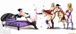  1boy 4girls bed black_hair blonde_hair blue_eyes blue_panties breasts choker elbow_gloves falling gloves hand_on_hip high_heels huge_breasts kamina1978 kazama_jin kunimitsu_(tekken) large_breasts long_hair mask masturbation multiple_girls nina_williams nipples nude panties panties_around_leg panty_pull pillow ponytail purple_panties red_hair standing tekken uncensored underwear undressing you_gonna_get_raped zafina 