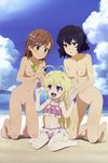  3girls absurdres antenna_hair barefoot beach black_hair blonde_hair blush breasts brown_eyes brown_hair cloud febrie feet female girl happy highres kneeling long_hair megami misaka_mikoto multiple_girl multiple_girls navel nipples nude nude_filter nunotaba_shinobu ocean open_mouth photoshop purple_eyes pussy short_hair sitting sky smile swimsuit thighs to_aru_kagaku_no_railgun to_aru_majutsu_no_index toes uncensored water 