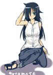  bags_under_eyes black_hair blush breasts casual green_eyes highres kuroki_tomoko long_hair older one_knee pants sandals sketch sleeveless solo taikuu_misairu watashi_ga_motenai_no_wa_dou_kangaetemo_omaera_ga_warui! 