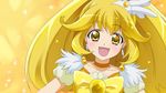  blonde_hair blush bow choker cure_peace dress earrings eyelashes hair_flaps hair_ornament happy highres jewelry kise_yayoi long_hair looking_at_viewer magical_girl mumumu_(road) open_mouth ponytail precure ribbon smile smile_precure! solo sparkle wallpaper yellow yellow_background yellow_bow yellow_dress yellow_eyes 
