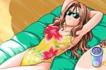  brown_hair crazy_straw custom_mate_3 drinking_straw game_cg long_hair lowres lying non-web_source on_back one-piece_swimsuit pc98 sawabe_izumi solo sunglasses swimsuit 