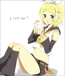  bad_id bad_pixiv_id blonde_hair blue_eyes bow detached_sleeves hair_ornament hairclip headset kagamine_rin midriff mono_(recall) navel short_hair shorts solo vocaloid 